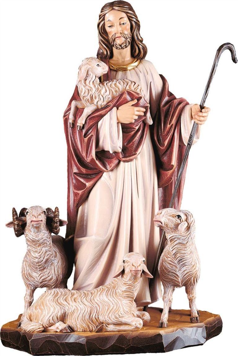 Jesus der gute Hirte mit Schafe - Holzfigur in Color-2011_5