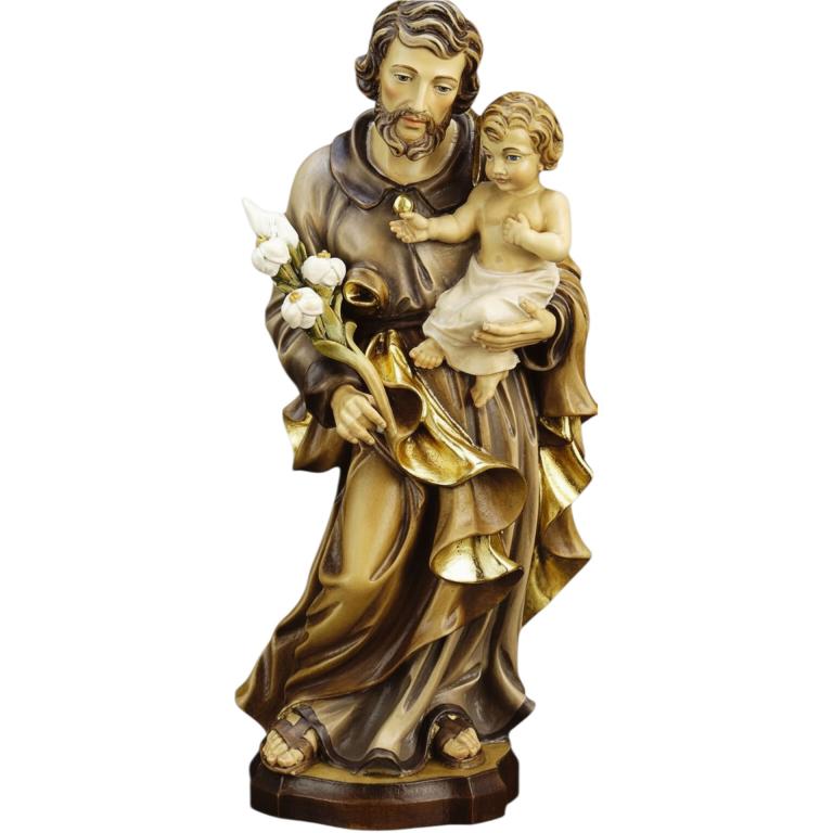 Heiliger Josef mit Kind und Lilie – holzgeschnitzte Heiligenfigur aus Ahornholz