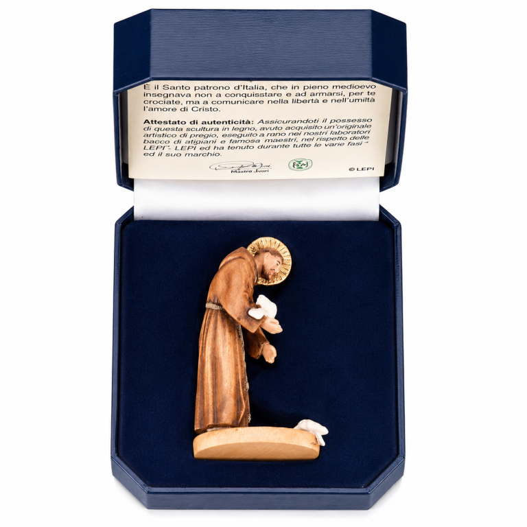 Hl. Franziskus von Assisi als handbemalte Miniatur-Holzfigur mit Etui