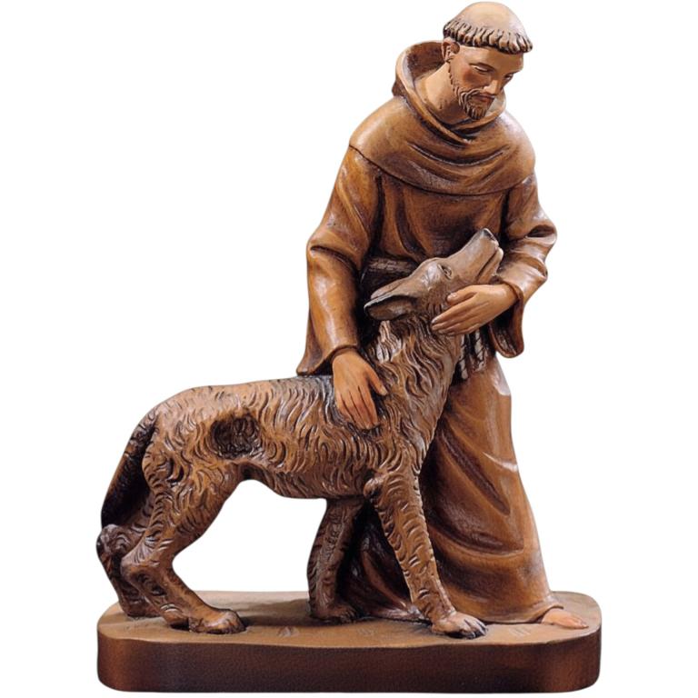 Hl. Franziskus mit Wolf – holzgeschnitzte Heiligenfigur des Schutzpatrons der Tiere