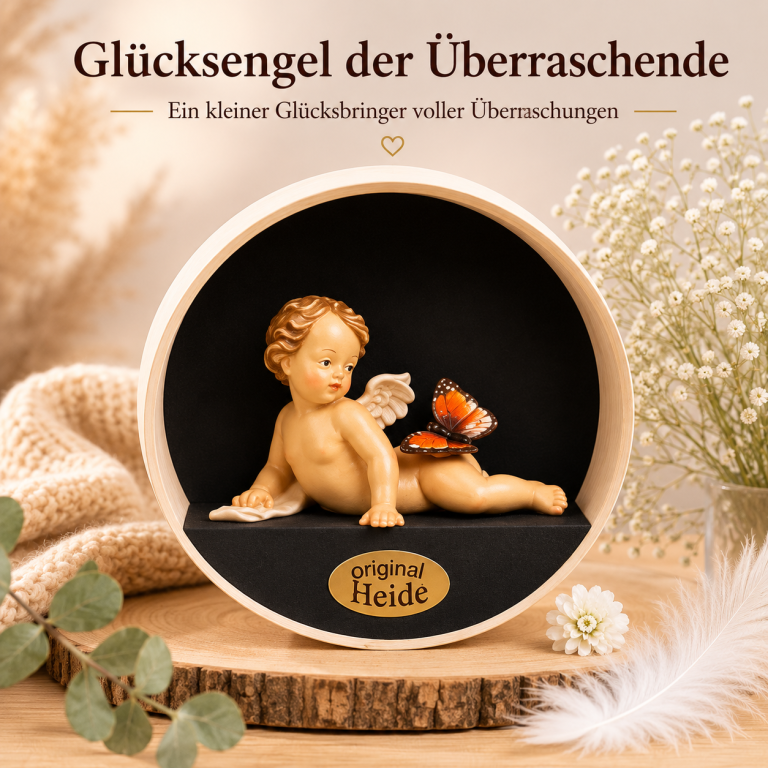 Holzgeschnitzter Glücksengel „Der Überraschende“ mit Schmetterling in dekorativer Spandose – liebevolle Geschenkidee und Glücksbringer aus Holz