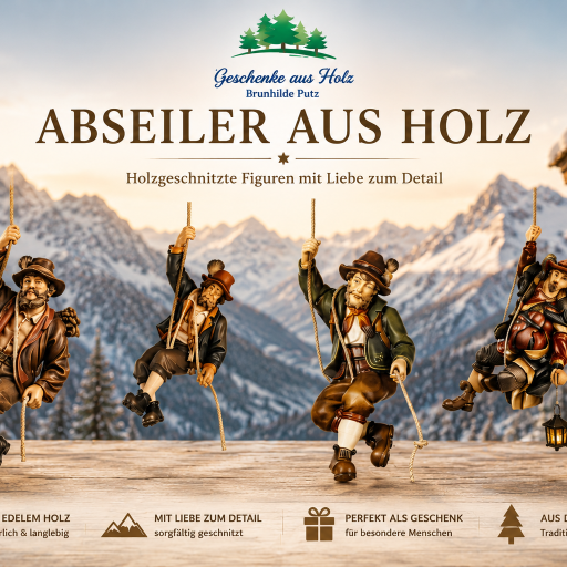 Holzgeschnitzter Abseiler am Seil mit detailreicher Bergsteigerkleidung