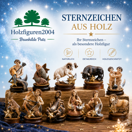 Holzgeschnitzte Sternzeichenfiguren aus Ahornholz mit verschiedenen Tierkreiszeichen