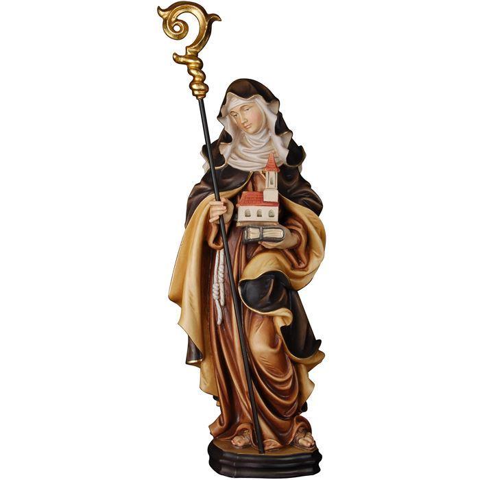 Hl. Ehrentraud mit Buch und Kirche als holzgeschnitzte Heiligenfigur aus Ahornholz