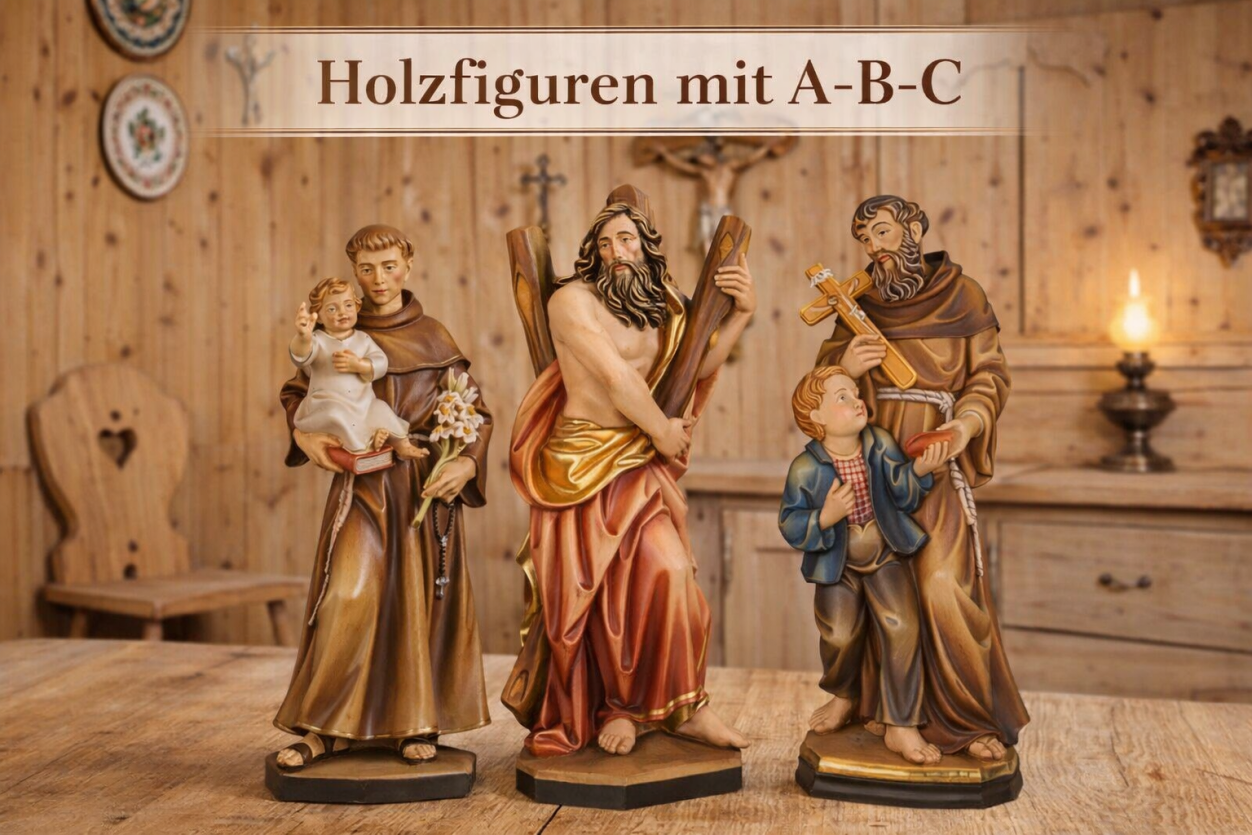Holzgeschnitzte Heiligenfiguren Männer A–B–C aus Ahornholz