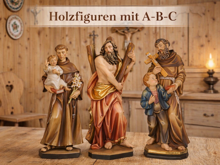 Holzgeschnitzte Heiligenfiguren Männer A–B–C aus Ahornholz