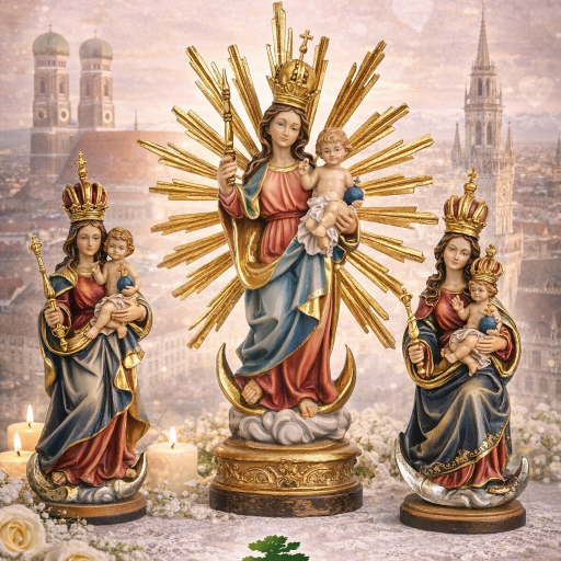 Madonna Bavaria Holzfiguren – gekrönte Marienfiguren mit Kind und Zepter, religiöse Holzkunst aus Bayern