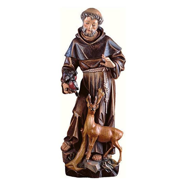 Hl. Franziskus mit Reh – holzgeschnitzte Heiligenfigur des Schutzpatrons der Tiere