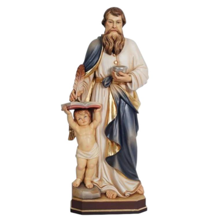 Holzfigur Hl. Matthäus Evangelist mit Engel, Evangelienbuch und Feder