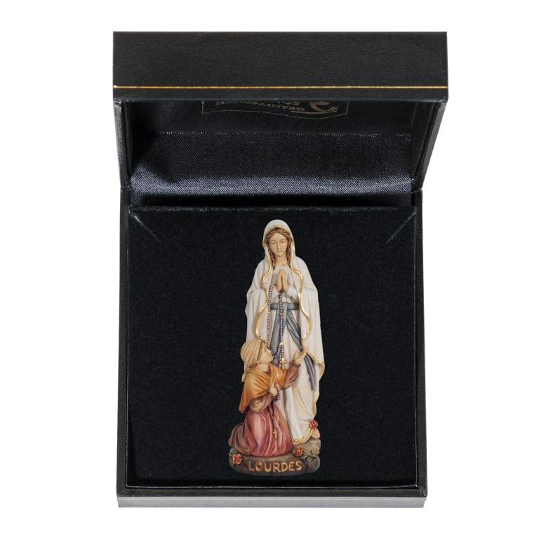 Madonna von Lourdes mit Bernadette als handbemalte Miniatur-Holzfigur aus Bergahorn mit Etui