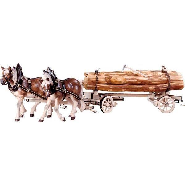 zwei zugpferde mit holzwagen und baumstaemmen traditionell gestaltet