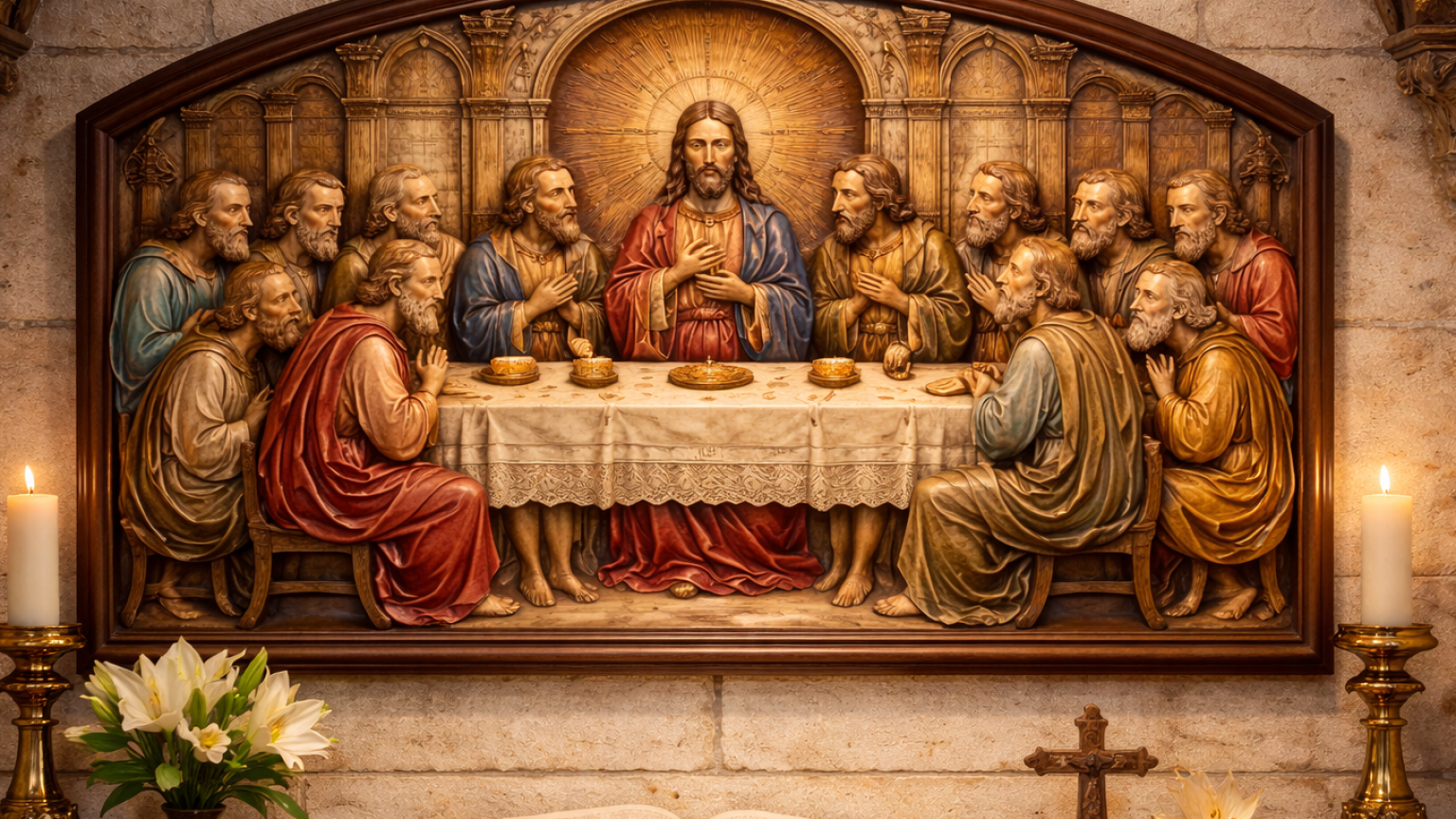 Das letzte Abendmahl Relief - Holzgeschnitzt