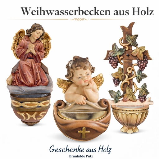 Weihwasserbecken aus Holz mit Engel und Kreuz religiöse Wandbecken