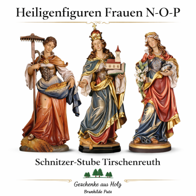 Holzgeschnitzte Heiligenfiguren Frauen N–O–P aus Ahornholz