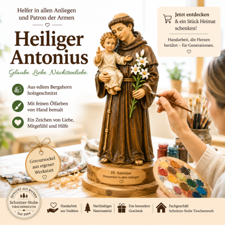 Heiliger Antonius – bemalte Holzfigur mit Jesuskind als Darstellung des Heiligen Antonius von Padua mit Lilie und christlicher Symbolik