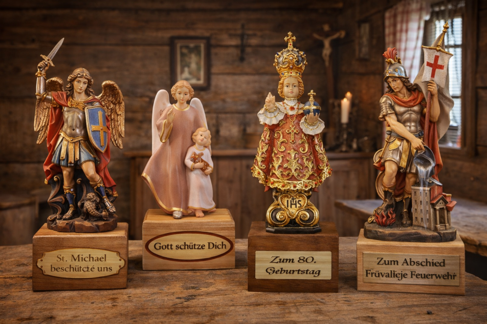 geschnitzte Holzfiguren auf gravierten Holzsockel