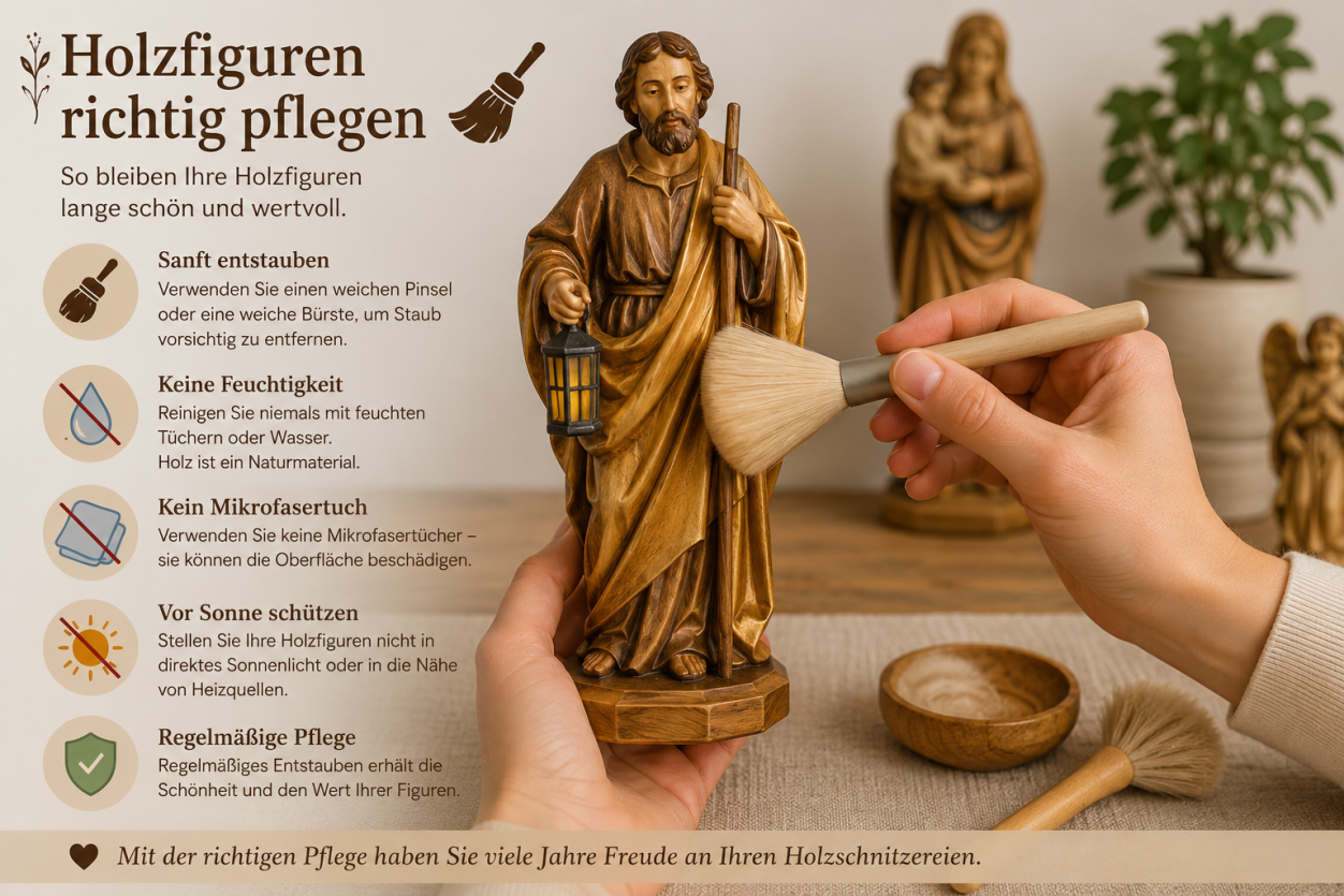 Holzfigur wird mit einem weichen Naturhaarpinsel schonend gereinigt und von Staub befreit.