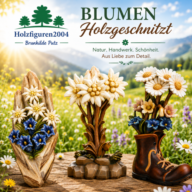 Holzgeschnitzte Blumen aus Ahornholz mit Edelweiß, Margeriten und Blumensträußen