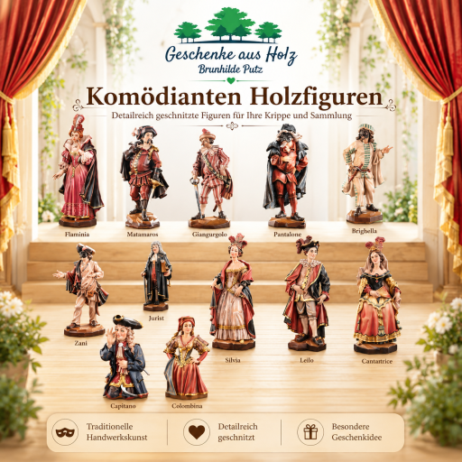 Komödianten Holzfiguren – geschnitzte Charakterfiguren aus Holz