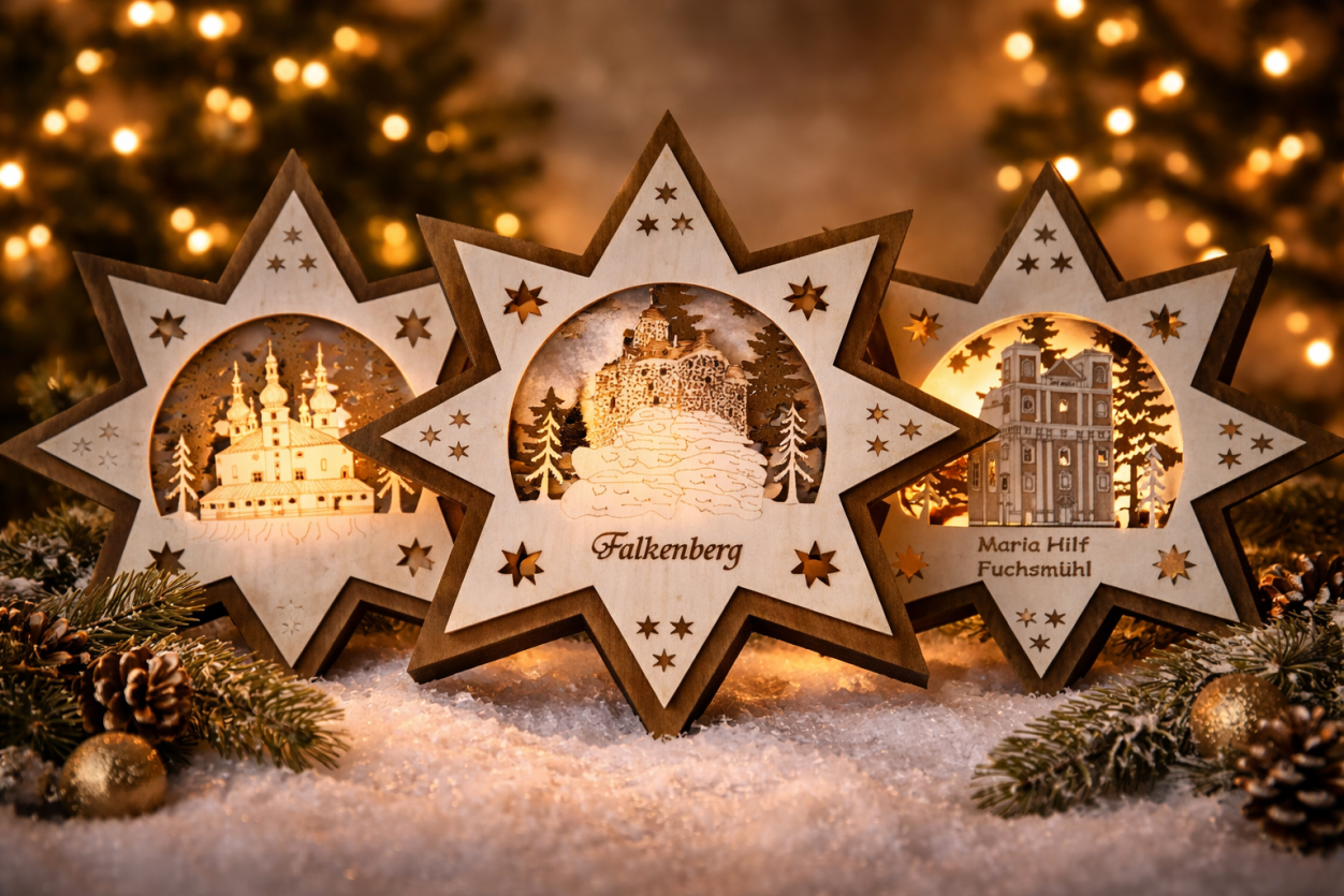 Leuchtende Weihnachtssterne mit regionalen Szenen