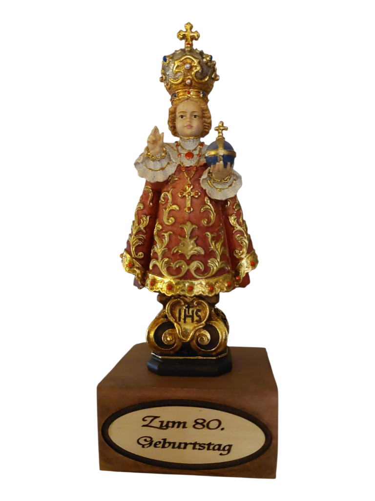 Prager Jesukind - Holzfigur mit gravierten Holzsockel
