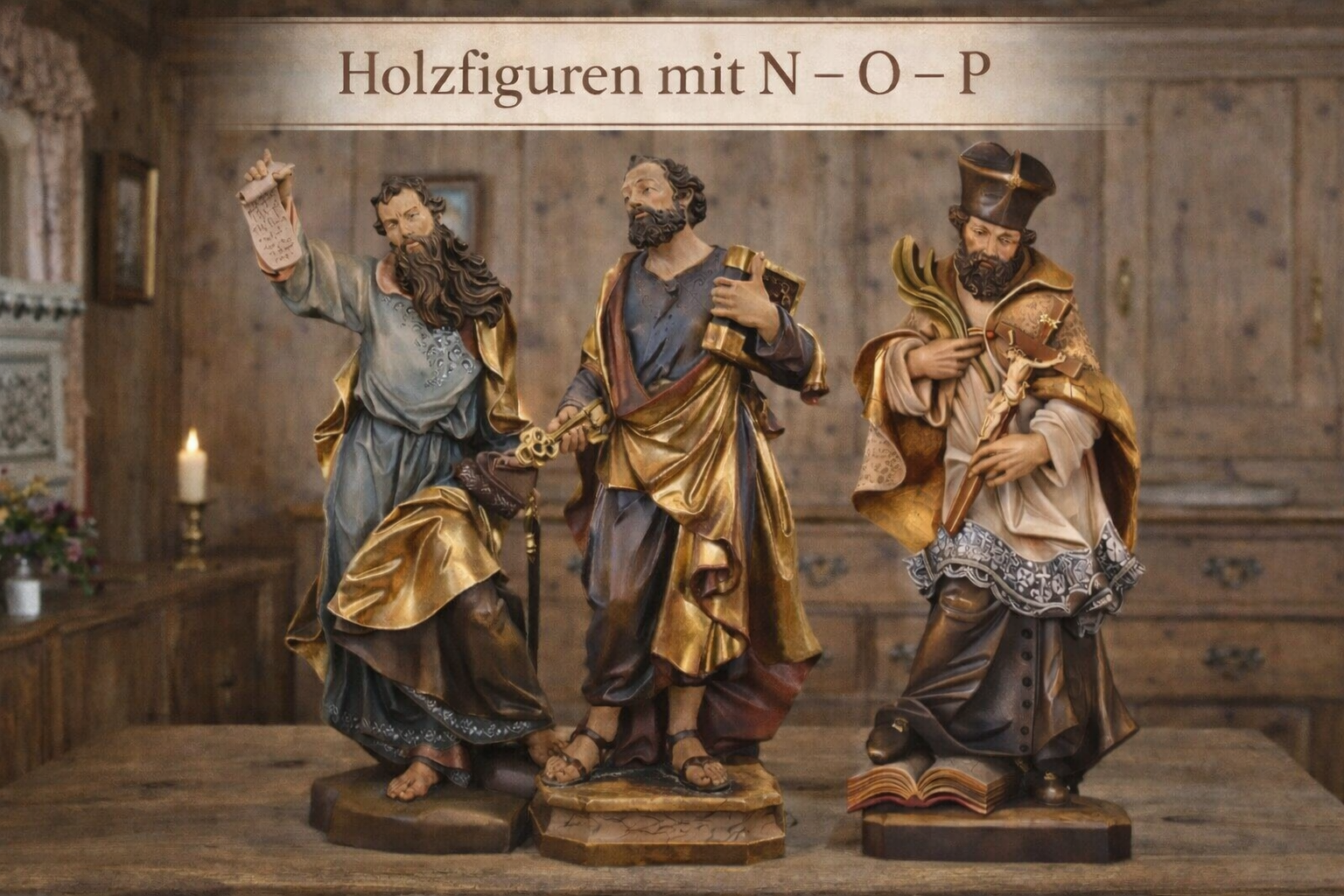 Religiöse Holzfiguren Hl. Paulus - Hl. Petrus - Hl.Netomuck geschnitzt